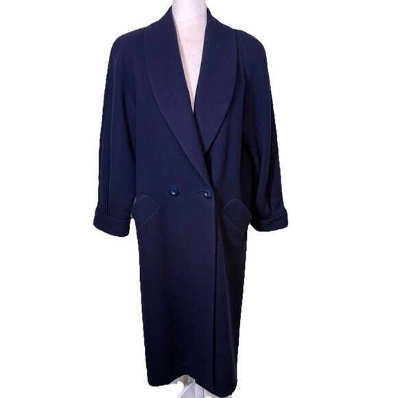 Women’s Navy Wool Coat Long Oversized Shawl Collar Double Breasted Sz12 Petite - Picture 1 of 10